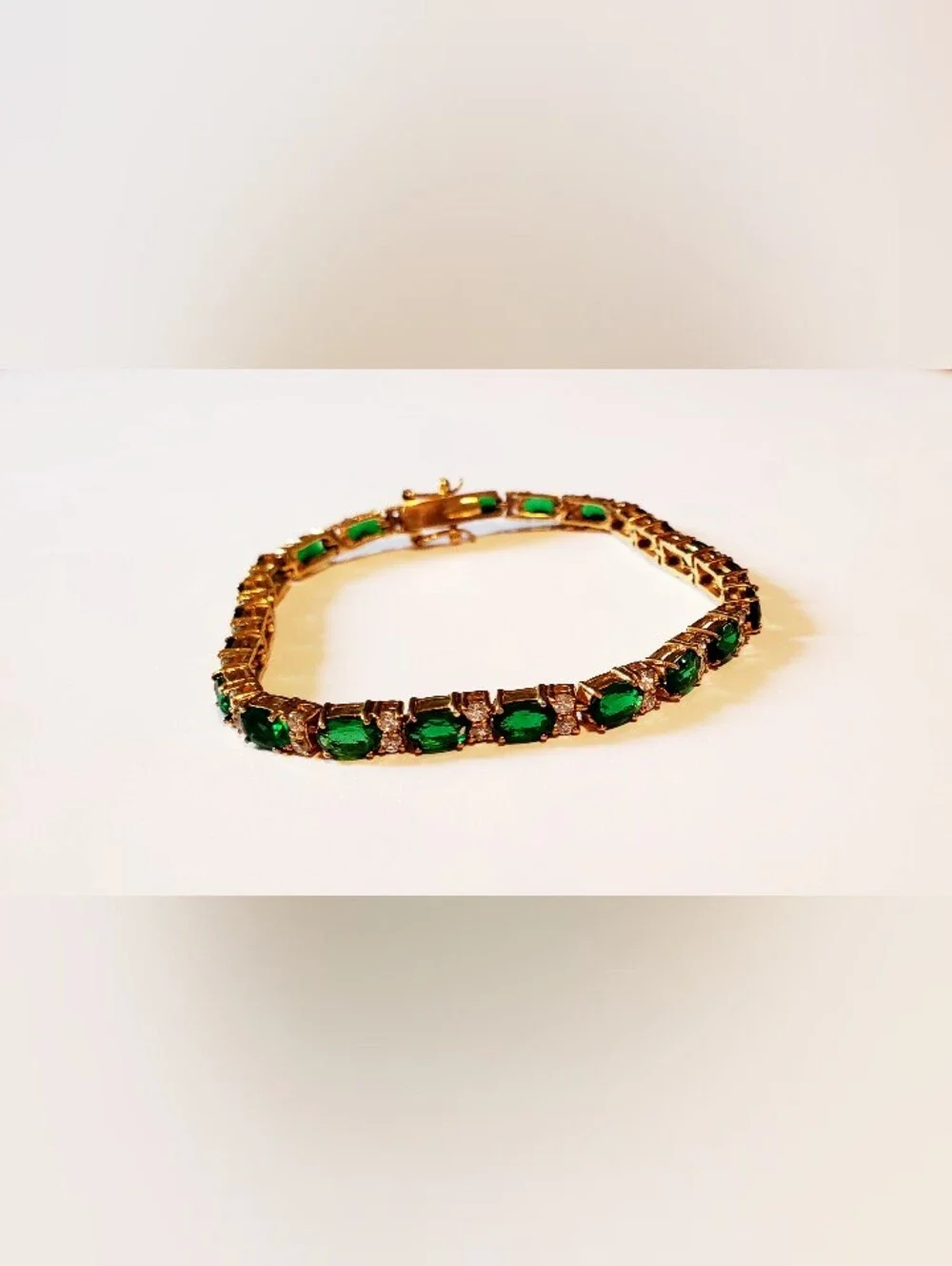 Gold Tennis Bracelet with Emerald Green Stones - Picture 2 of 5